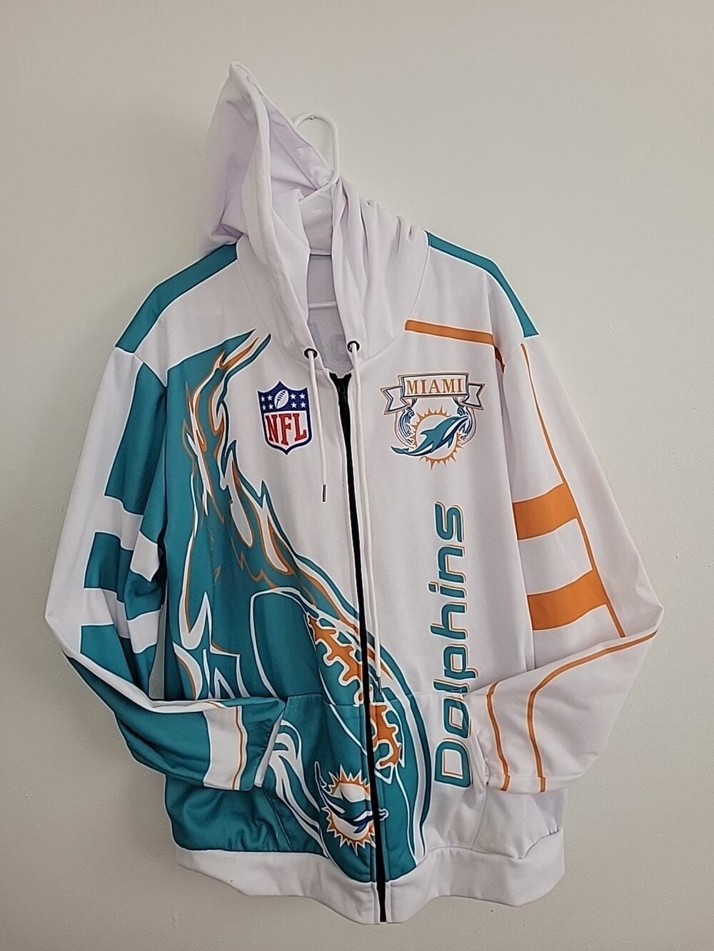 NFL Miami Dolphins White Teal Light Weight Mens Zippered Jacket Hoodie 3XL